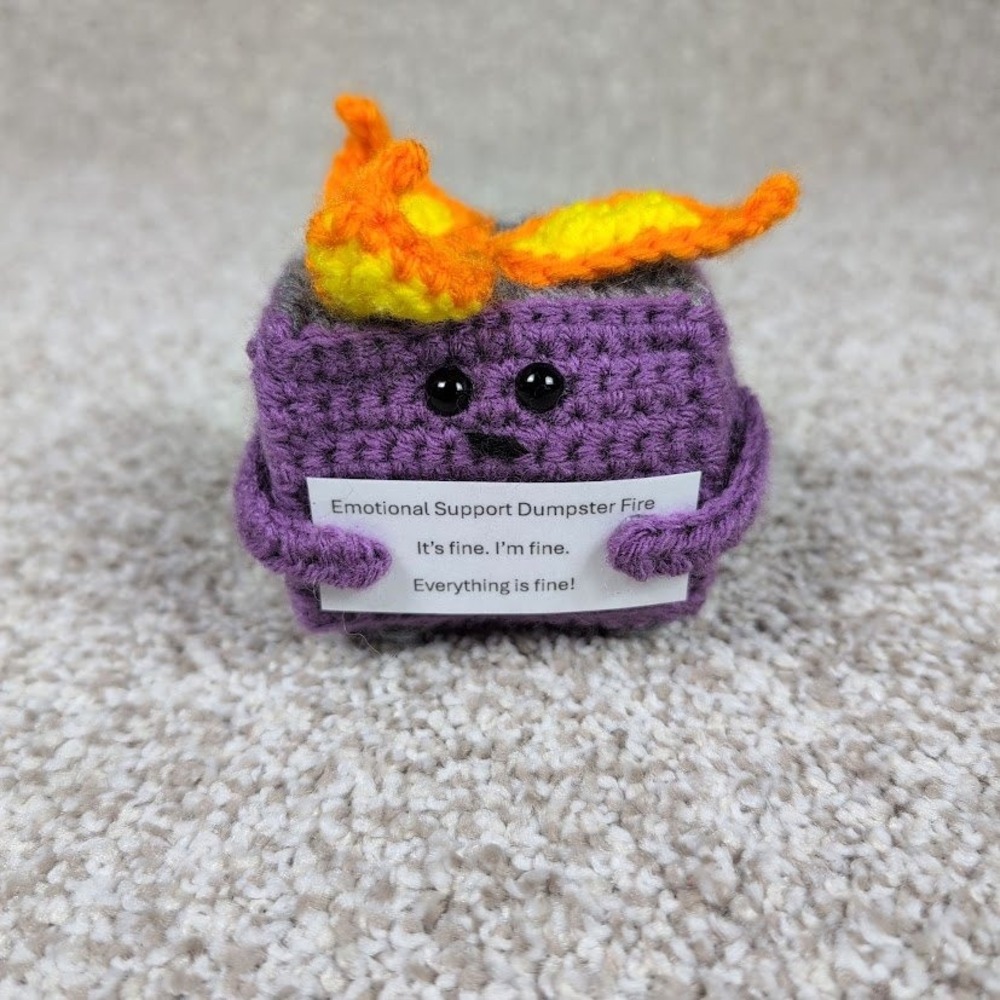 Crocheted Emotional Support Dumpster Fire Plush Stuffed Figure Purple